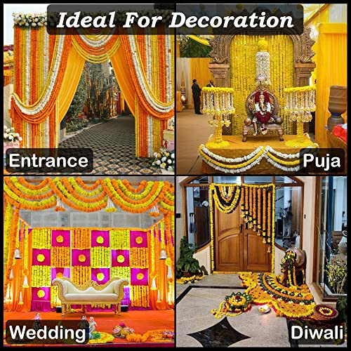 Artificial Marigold Garland Set - 10 Pcs, 4.5 Feet Long for Diwali Weddings Home Decor - Green & Orange Variation of Gold Orange + Green