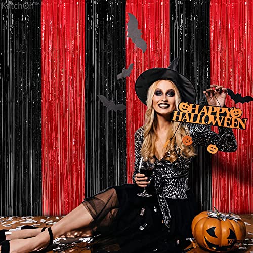 Large Black and Red Foil Fringe Curtain Set - 8x3.2 Feet, Pack of 4 for Party Decor