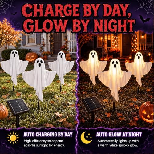Solar Ghost Decorations Outdoor Lights 3 Pack - Spooky Yard & Garden Halloween Decor