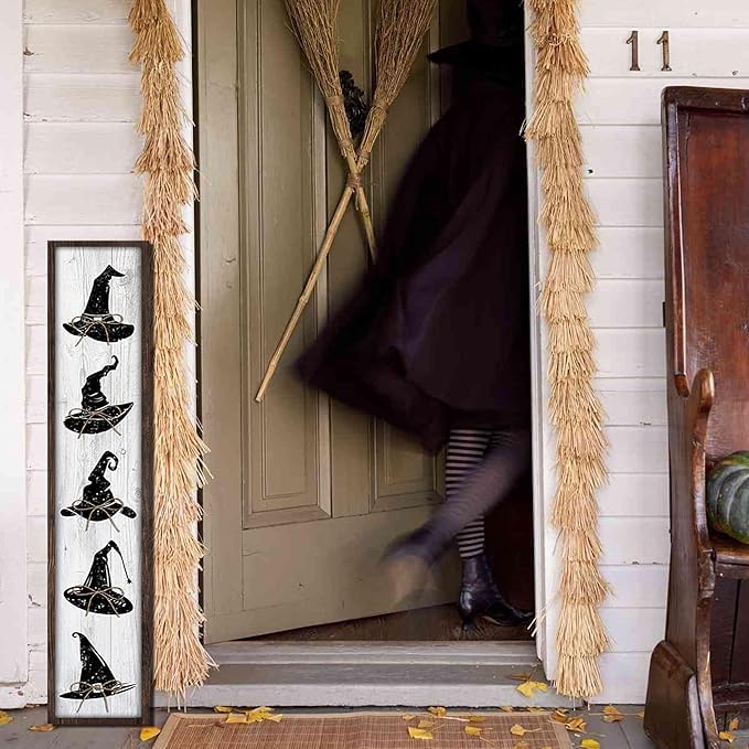 Halloween Welcome Sign for Front Door Standing - Witch Hat Wooden Porch Decor - Black & White