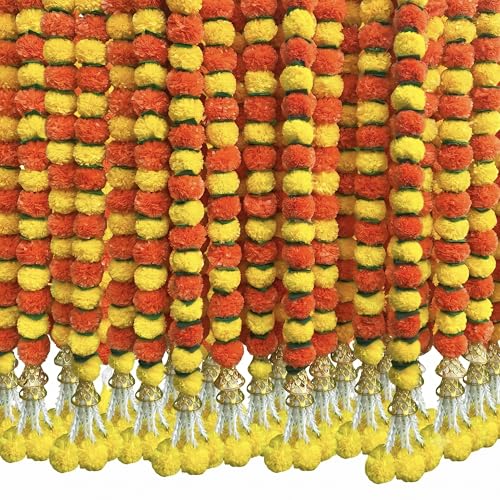Artificial Marigold Garland 5 Pack - Yellow, Orange, Green Indian Decor