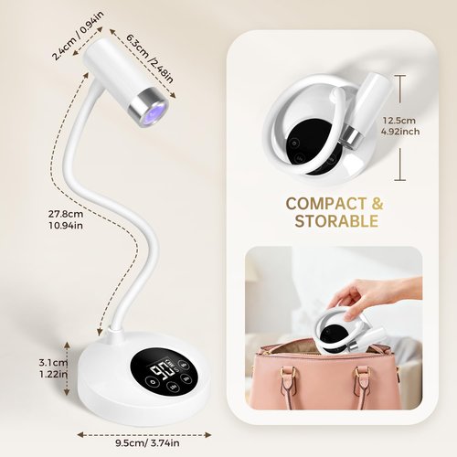 AORAEM UV LED Nail Lamp, Rechargeable Gooseneck Lamp for Gel Nails 12W Quick Dry LED Nail Light Bueaty Dryer with 4 Timers & Auto Sensor, Professional Flash Cure Light for Gel Nails Home DIY White