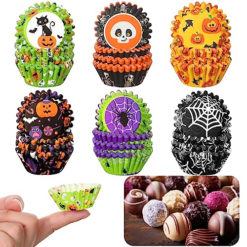 600 Pack Halloween Mini Cupcake Liners - Pumpkin, Spider, Skull, Bat Designs