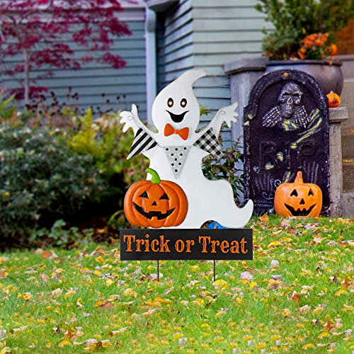 Rustic Lighted Halloween Ghost Yard Stake with Timer & Glowing Eyes - Outdoor Decor