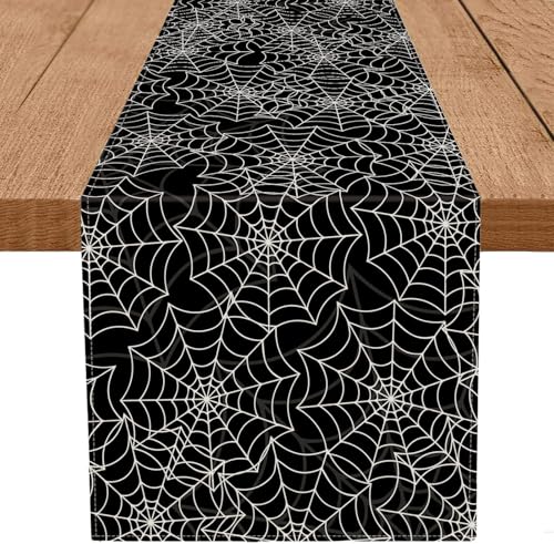 Halloween Spider Web Table Runner 13 x 120 Inch Black Linen Seasonal Home Decor