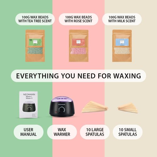 NEOMANN Waxer II Waxing Kit for Women and Men Non-Sticky, Teflon-Coated - Wax Warmer for Hair Removal incl. 300g Wax Beads, 20 Spatulas