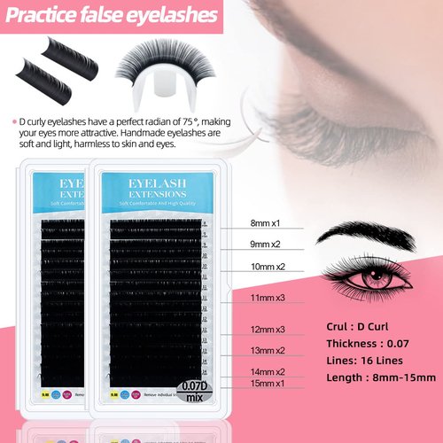Lash Extension Kit Professional Eyelash Extensions Supplies Training for Beginners Mannequin Head Grafting Lash USB Fan Lash Shampoo Brush Spraye 0.07D Curl Mix 8-15mm Practice Eyelash Strips