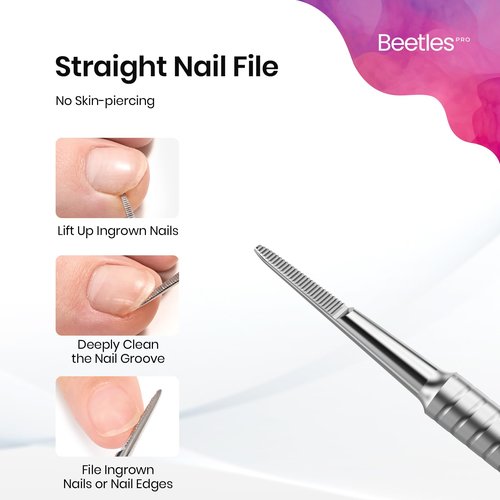 Beetles Pro 1-Pcs Dual-End Nail Pusher & Cuticle Cleaner - 14mm Serrated Edge & 5mm Curved Blade, Ergonomic Anti-Slip Handle, Professional Manicure Tool for Nail Care