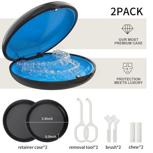 HEMILAB 2 Pack Retainer Case, Compatible with Invisalign, Slim Aligner Case with Removal Tool, Aligner Seaters & Brush, Pocket Size Secure Magnetic Closure for Travel - Black
