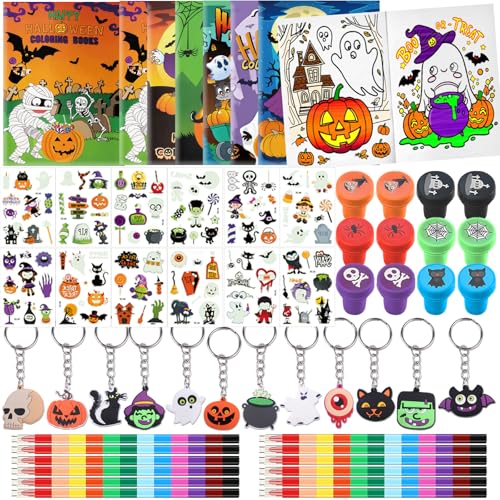 Halloween Party Supplies Set with Coloring Books, Stickers, Keychains & More