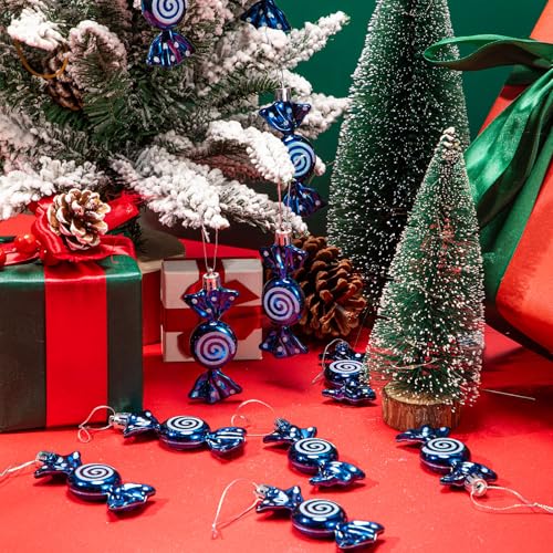 Dark Blue Glitter Candy Cane Christmas Ornaments Set - 12 Pcs Holiday Decor