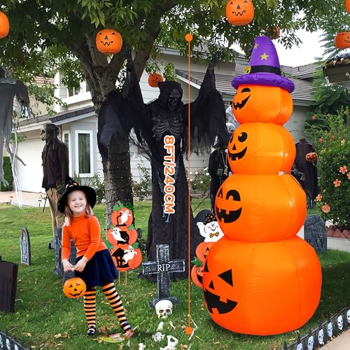 8FT Stacked Pumpkin Inflatable with Witch’s Hat and LED Lights - Halloween Yard Decor