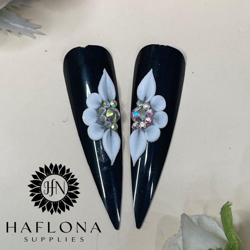 Set 8Pcs 3D Flowers Nails Charms With Rhinestone Gems Handmade by Acrylic Powder Design For Long Nail L,XL,XXL Flower Nail Art Floral Salon Decor Women Girls (White 7 Rhinestones-8PCs)