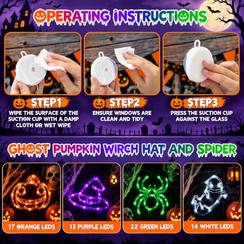 Halloween Window Lights 4 Pack - Pumpkin Ghost Spider Witch Hat Decor - Orange Purple Green