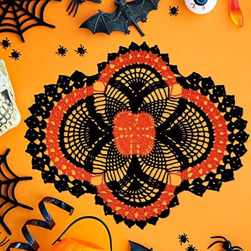 Halloween Black and Orange Crochet Doily - 20x17 Inch Cotton Table Decor