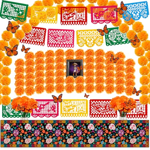 Dia De Los Muertos Decorations Set No Lights with Marigolds Papel Picado Butterflies & Table Runner