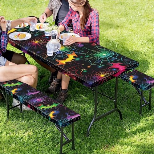 Halloween Bat Spider Web 8 Ft Picnic Table Cover and Bench Covers Set - Waterproof & Windproof, 3 Pieces