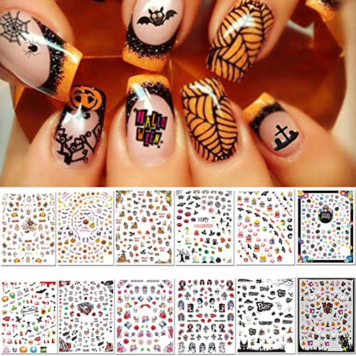 Halloween Nail Decals Stickers - 12 Sheets, Self-Adhesive Nail Art Tips, Pumpkin Bat Ghost Witches