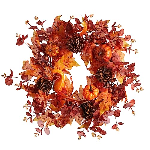 Pumpkin Fall Wreath for Front Door - 20 Inch Autumn Decor with Pine Cones & Maple Leaves