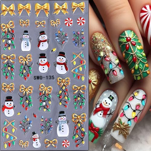 Christmas Nail Stickers 5D Embossed Snowman Tree Holiday Decals for Nails - 4 Sheets