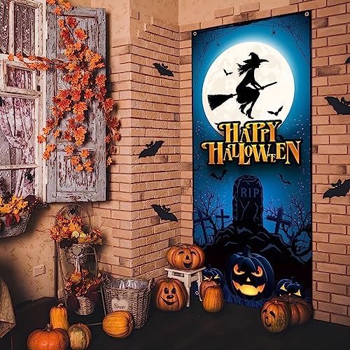 Panelee Halloween Skeleton Witch Window Cover - 79x35 Inches Party Backdrop with Moon Variation