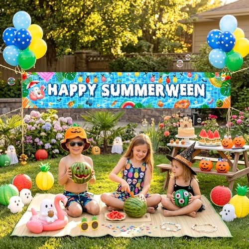 Summerween Pool Party Banner with Balloons - Outdoor Indoor Halloween & Summer Decor