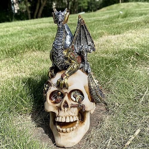 Steampunk Dragon on Human Skull Statue Gothic Decor Collectible