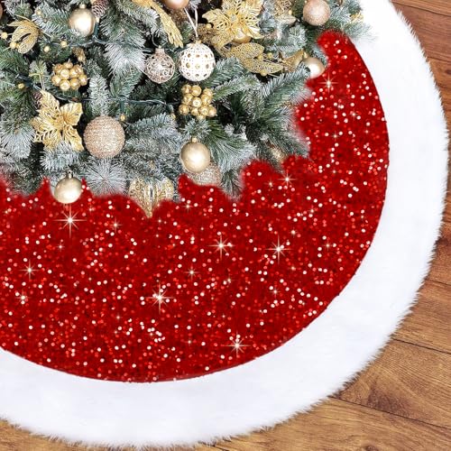 Sequin Christmas Tree Skirt 48 Inch with Faux Fur Edge - Red Holiday Decor