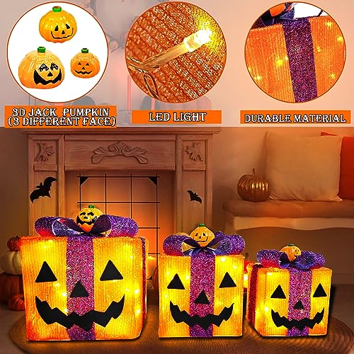 Lighted Halloween Pumpkin Decorations Gift Box 3 Pack with 8 Modes & Timer