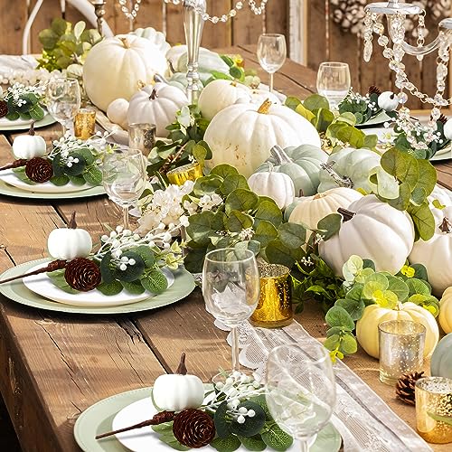 Fall Artificial Pumpkin Picks with Eucalyptus Pinecones & Berries - 16 Pack, 9 Inch Holiday Flower Decorations