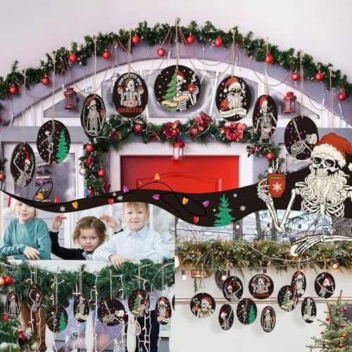 Black Skeleton Christmas Ornaments - Acrylic Halloween Holiday Decor Set of 24