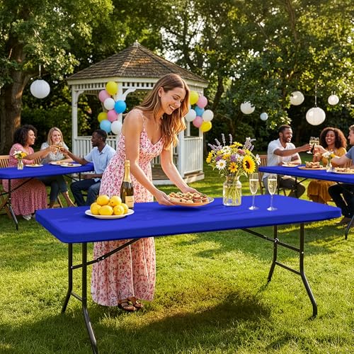 Fitted 6ft Rectangle Tablecloth Set - Elastic Waterproof Spandex, 10 Pack, Royal Blue