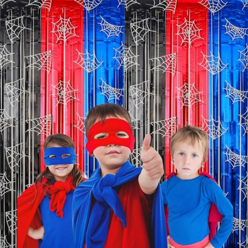Spider Web Tinsel Fringe Curtains Set - Red Black Blue Metallic Party Backdrop & Photo Props