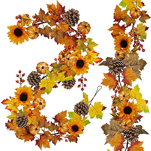 Fall Maple Leaf Garland with Sunflowers Pumpkin Berries - 12ft Autumn Decor Set