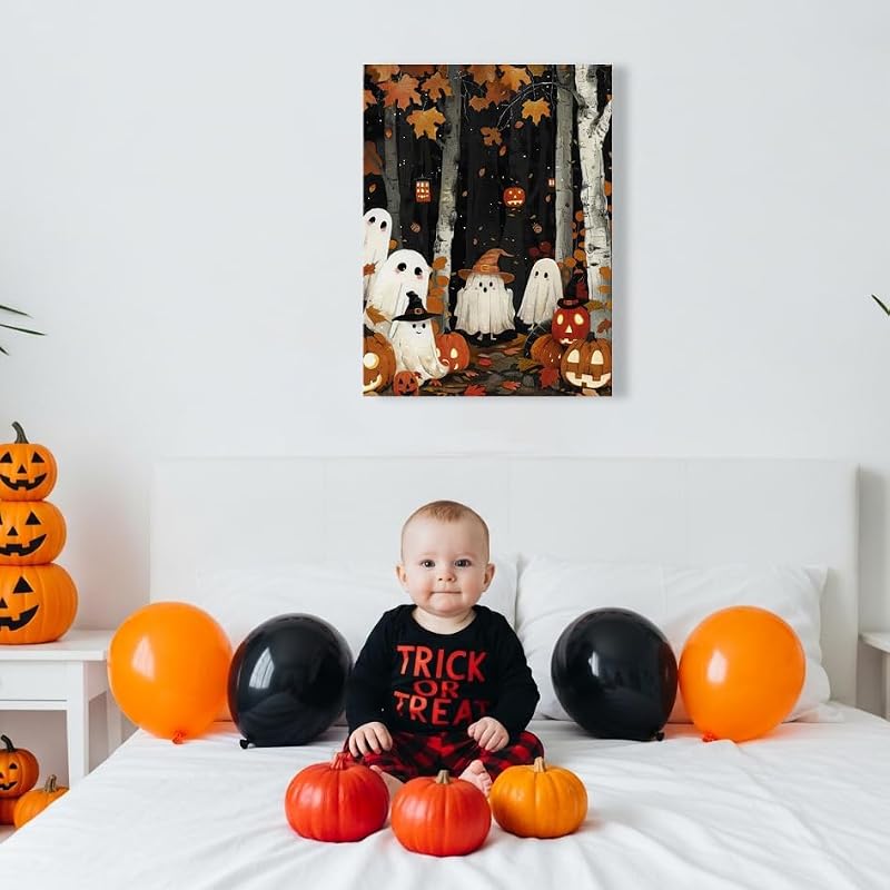 Halloween Ghost Wall Art Canvas - 24x32 Inch Framed Ghosts & Pumpkins Scene - Ghost Party Variation