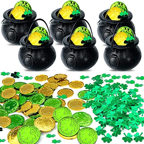 St. Patrick's Day Cauldrons Set with Gold Coins and Shamrock Confetti - Party Decorations