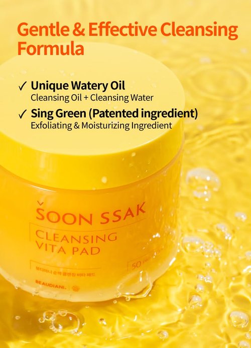 BEAUDIANI Soonssak Vitamin C Cleansing Pads – One-Swipe Makeup Remover, Low-pH 5.3, Dual-Texture Exfoliating Toner Pads, Hydrating Lyocell, Sensitive-Skin Friendly – 50 Count