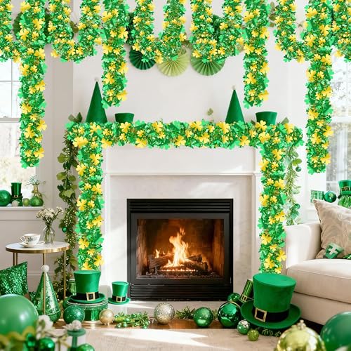 Gold Green Shamrock Tinsel Garland - 66FT St Patrick's Day Decor, Shiny Metallic Streamer for Indoor Outdoor Irish Party Supplies - Variation of Gold Green