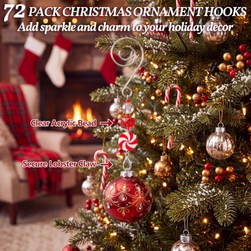 Christmas Ornament Hooks Set - Silver, Red, White Bead Acrylic Wire Hangers - 72 Pieces