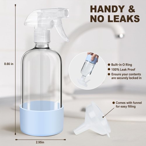 Glass Spray Bottles with Silicone Sleeves (2 Pack, 16 oz), Mist and Stream Empty Refillable Containers, Water Sprayer Misting Bottle for Cleaning Solutions, Planting, Hair Spraying, Green & Grey