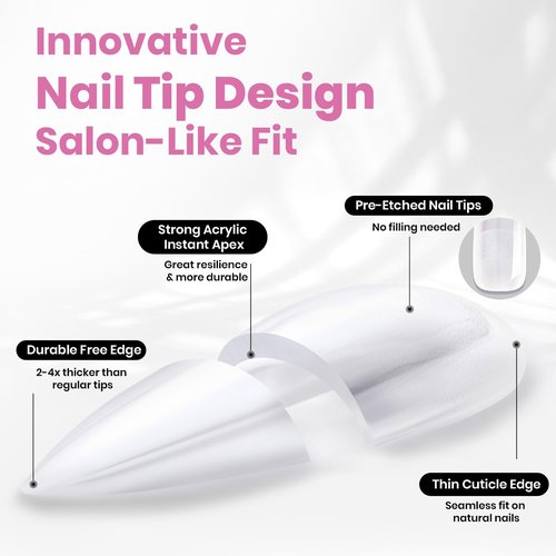 Beetles Tipex Lite Apex Nail Tips,Stiletto Medium,512pcs 16 Sizes,Pre-Building Pre-Etched Acrylic Nail Tips for Flat Nails & Natural Nail Beds