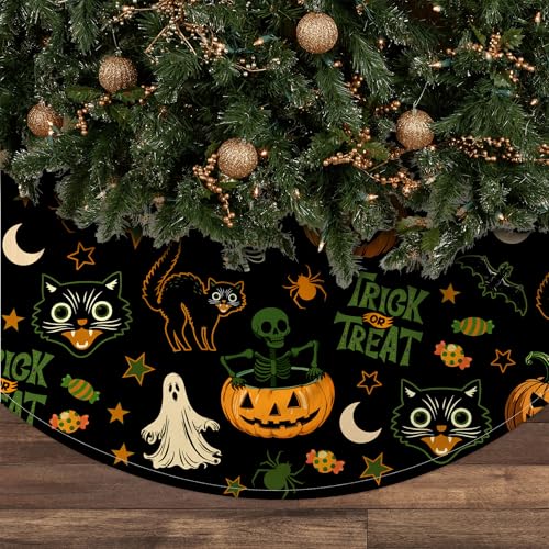 Halloween Tree Skirt 36 Inch Black Ghost Pumpkin Skull Cats Xmas Decor Festive Tree Mat