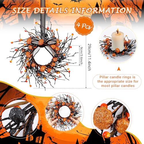 Halloween Candle Rings Set - 4 Tapered Fall Berry Pumpkin Wreaths with Variation 4