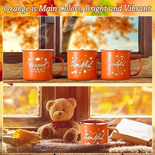 Enamel Pumpkin Coffee Mugs Set - 16 oz Fall Autumn Thanksgiving Holiday