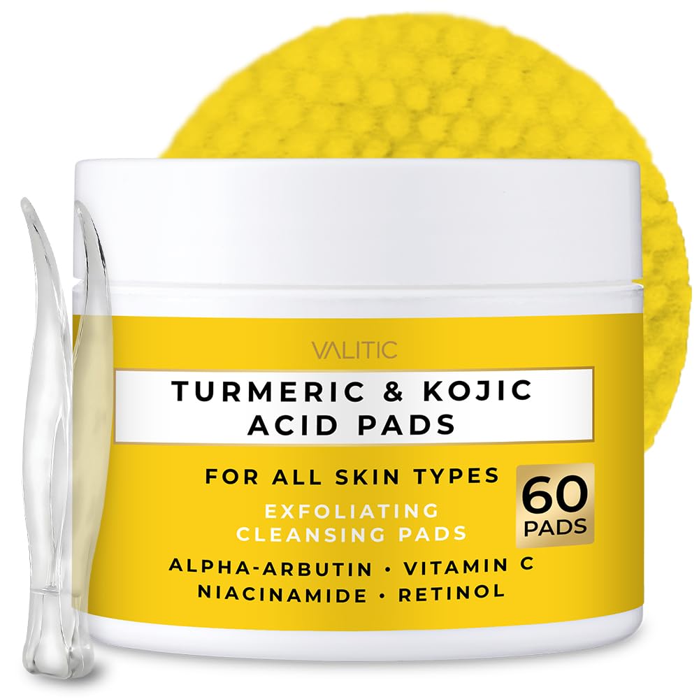 VALITIC Turmeric Kojic Acid Cleansing Pads - Exfoliating Dark Spot Remover with Vitamin C & Retinol - 60 Pads