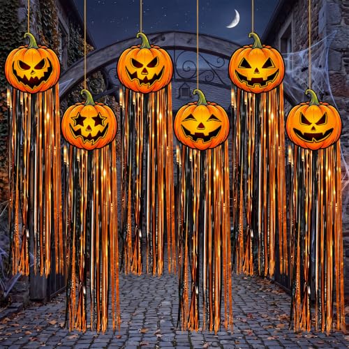 Halloween Pumpkin Hanging Decor Set - 6 Jack-O'-Lanterns Party Banner with Tinsel Streamers