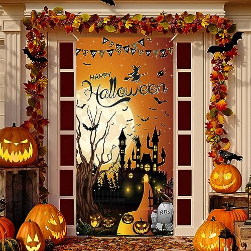 Halloween Door Cover - Happy Banner Decorations with Horror Pumpkin Witch Moon Bat - Brown