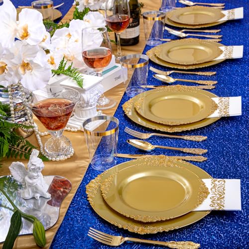 Gold Plastic Dinnerware Plates Set - 175PCS Solid Gold Rim Party Plates - Variation: Gold / 175PCS