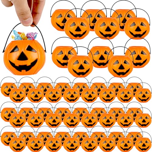 Mini Pumpkin Buckets Bulk 60 Pack for Halloween Candy Trick or Treat Party Decorations