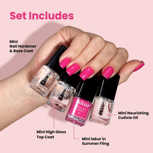 LONDONTOWN Mini Mani Kit - At Home Manicure Nail Care Set with Nail Hardener & Base Coat, Summer Fling lakur (Bright Pink Polish), High Gloss Top Coat, and Nourishing Cuticle Oil - .24fl oz